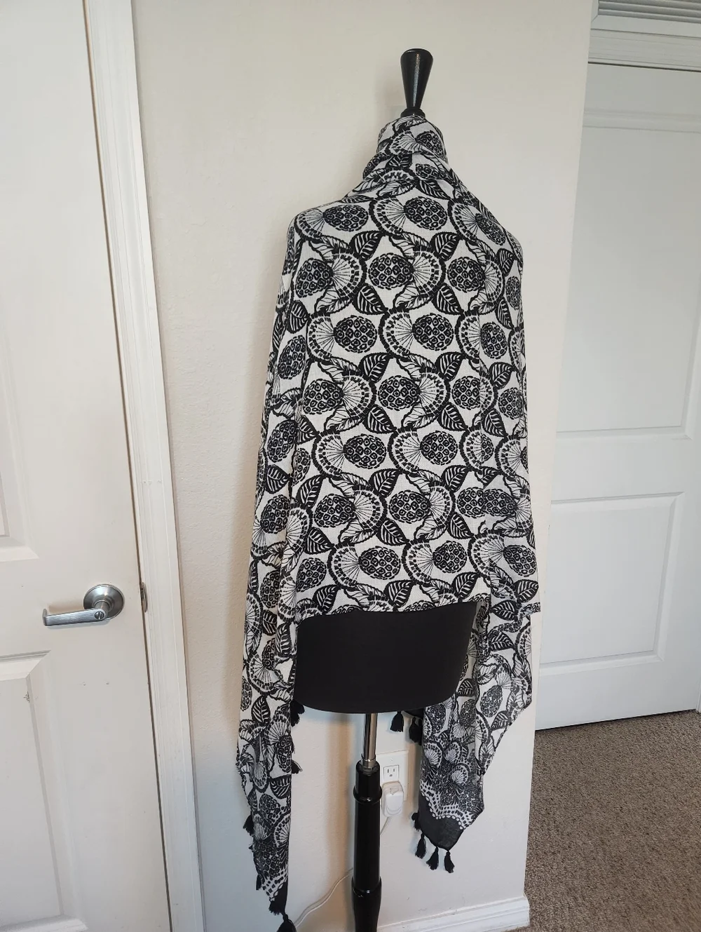 Lilly Pulitzer Black and White Floral Tassel Wrap Scarf